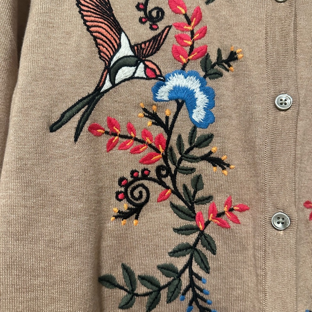 Lands' End Women's Cardigan with Embroidered Hummingbird Floral Design - Picture 5 of 7